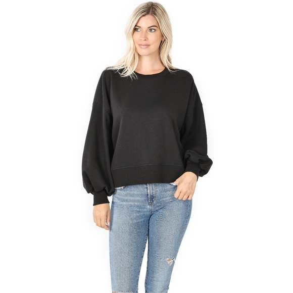 Zenana Outfitters Tops - Black Balloon Sleeve Oversized Sweatshirt Cozy Casual Pullover Sizes: S–3X